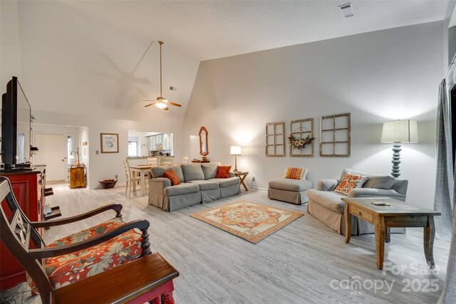 115 Pine Grove Cir, Clover, SC 29710 - living area featuring high vaulted ceiling, a ceiling fan, baseboards, and light wood finished floors