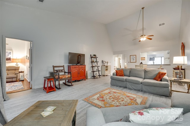 115 Pine Grove Cir, Clover, SC 29710 - living room with high vaulted ceiling, a ceiling fan, and light wood-style flooring