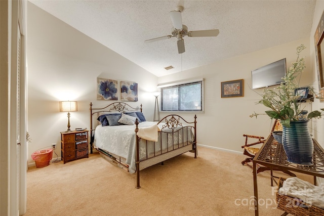 115 Pine Grove Cir, Clover, SC 29710 - bedroom featuring light carpet, a textured ceiling, vaulted ceiling, baseboards, and a ceiling fan