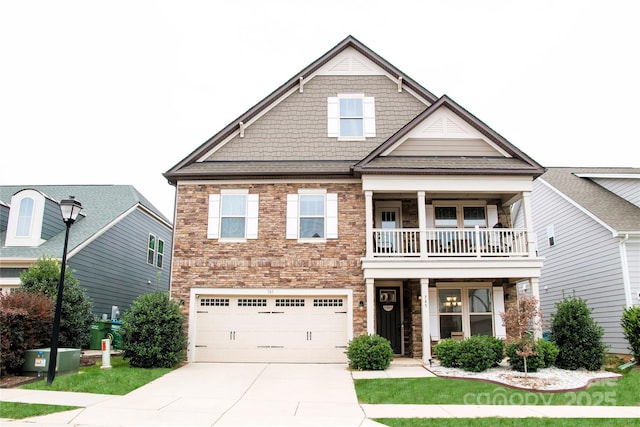 745 Garrett Green Way, Fort Mill, SC 29715 - craftsman house with a balcony, driveway, stone siding, and an attached garage