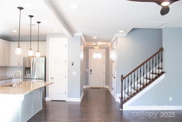 745 Garrett Green Way, Fort Mill, SC 29715 - entryway featuring baseboards, dark wood-style floors, recessed lighting, stairs, and crown molding