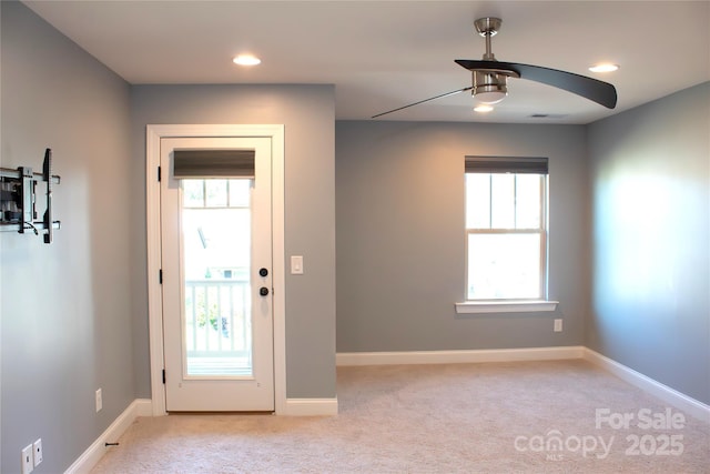 745 Garrett Green Way, Fort Mill, SC 29715 - doorway featuring ceiling fan, light colored carpet, recessed lighting, and baseboards