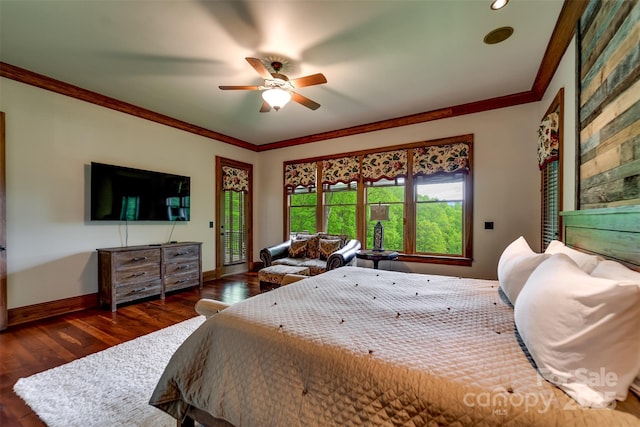 414 Trails End Rd, Bryson City, NC 28713 - bedroom with wood finished floors, baseboards, ornamental molding, access to exterior, and a ceiling fan