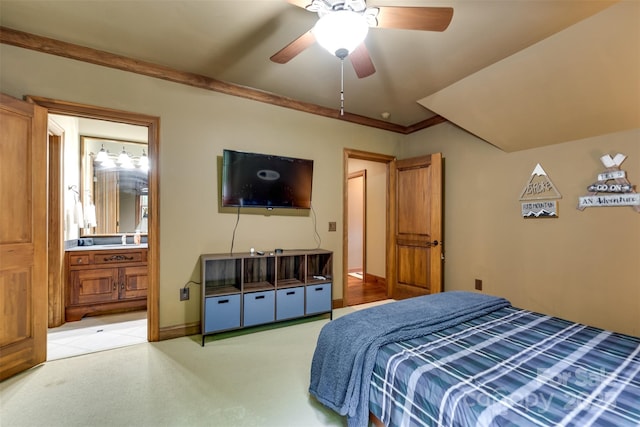 414 Trails End Rd, Bryson City, NC 28713 - bedroom with ornamental molding, ensuite bath, a ceiling fan, and light colored carpet