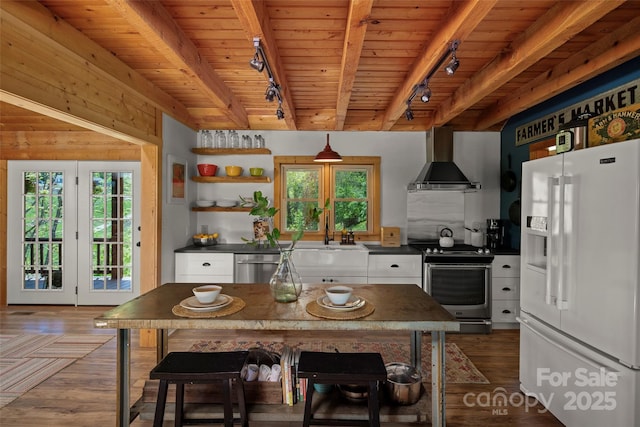 225 Ford Rd, Waynesville, NC 28786 - kitchen featuring appliances with stainless steel finishes, rail lighting, dark countertops, and wooden ceiling