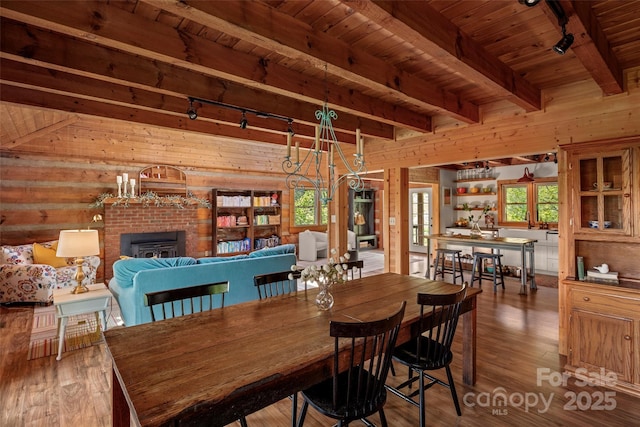 225 Ford Rd, Waynesville, NC 28786 - dining space featuring track lighting, wooden ceiling, beam ceiling, wood walls, and wood-type flooring