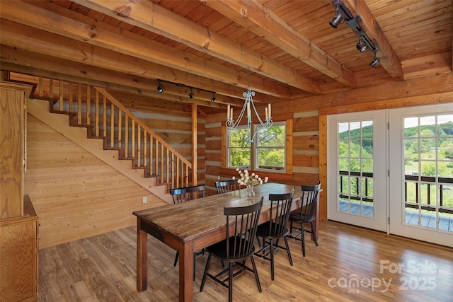 225 Ford Rd, Waynesville, NC 28786 - dining room featuring rail lighting, wooden ceiling, wood walls, stairway, and wood finished floors