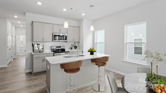 2906 Sloan Dr, Charlotte, NC 28208 - kitchen featuring appliances with stainless steel finishes, a sink, gray cabinetry, backsplash, and a center island with sink