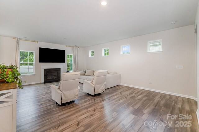 18026 Stark Way, Charlotte, NC 28278 - living room with wood finished floors, plenty of natural light, a glass covered fireplace, baseboards, and recessed lighting