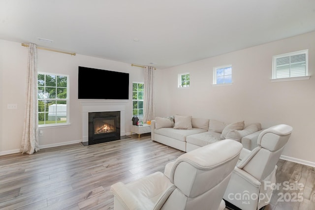 18026 Stark Way, Charlotte, NC 28278 - living area with wood finished floors, a fireplace with flush hearth, and baseboards