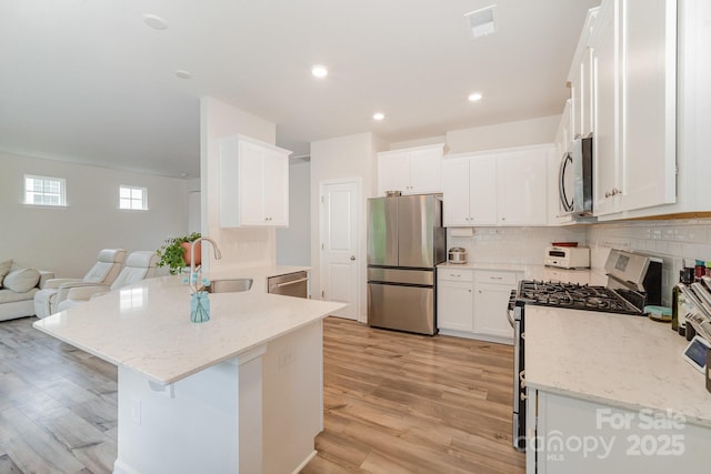 18026 Stark Way, Charlotte, NC 28278 - kitchen featuring stainless steel appliances, a sink, a peninsula, open floor plan, and light wood-style floors