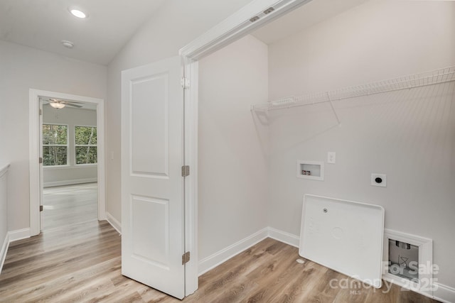 2818 Old Steele Creek Rd, Charlotte, NC 28208 - laundry room featuring hookup for an electric dryer, hookup for a washing machine, light wood finished floors, baseboards, and ceiling fan