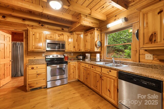 108 Cougar Aly Unit 79, Lake Lure, NC 28746 - kitchen featuring appliances with stainless steel finishes, a sink, wood ceiling with exposed beams, light wood finished floors, and wood walls