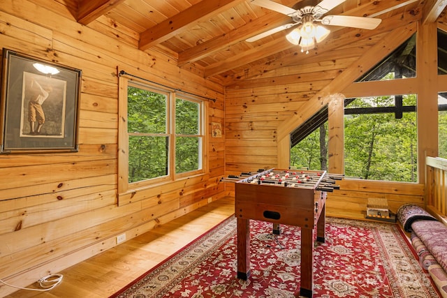 108 Cougar Aly Unit 79, Lake Lure, NC 28746 - game room with wood ceiling, wooden walls, wood finished floors, a ceiling fan, and a sauna / steam room