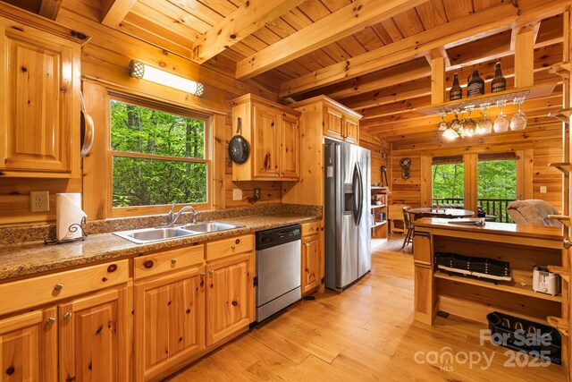 108 Cougar Aly Unit 79, Lake Lure, NC 28746 - kitchen featuring appliances with stainless steel finishes, wood walls, a sink, light wood finished floors, and wood ceiling with exposed beams