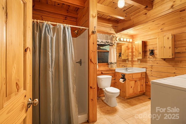108 Cougar Aly Unit 79, Lake Lure, NC 28746 - bathroom with wooden walls, washer / dryer, toilet, vanity, and wood ceiling with exposed beams
