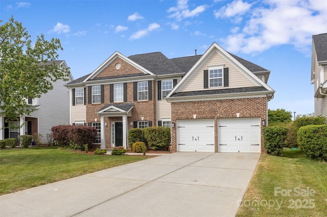 view of front of property featuring brick siding, driveway, a front lawn, and an attached garage