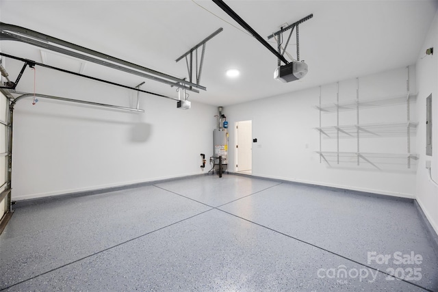 garage with a garage door opener, water heater, baseboards, and electric panel