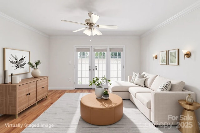living room with light wood-style floors, ceiling fan, french doors, ornamental molding, and baseboards