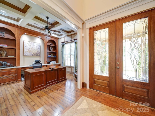 200 Waterby Way, Matthews, NC 28104 - home office featuring ornamental molding, light wood-style flooring, built in shelves, french doors, and coffered ceiling