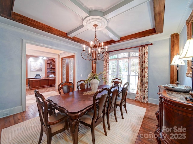 200 Waterby Way, Matthews, NC 28104 - dining area with baseboards, coffered ceiling, a chandelier, french doors, and light wood-type flooring