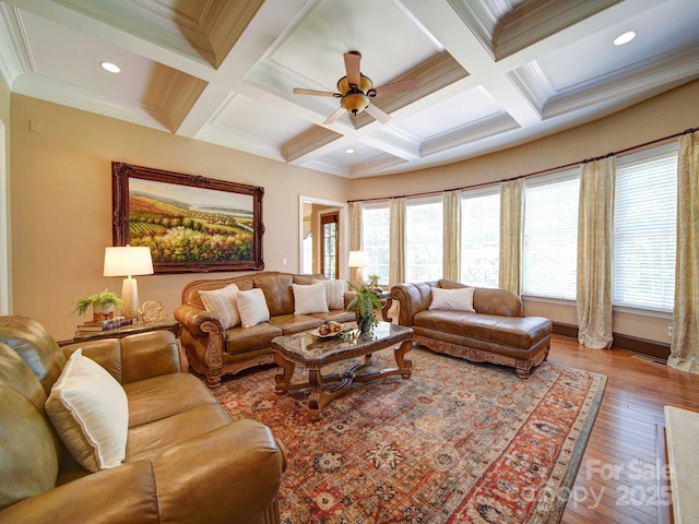 200 Waterby Way, Matthews, NC 28104 - living room featuring beamed ceiling, ceiling fan, plenty of natural light, coffered ceiling, and wood-type flooring