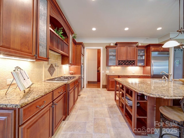 200 Waterby Way, Matthews, NC 28104 - kitchen featuring stainless steel appliances, open shelves, stone tile floors, crown molding, and brown cabinetry