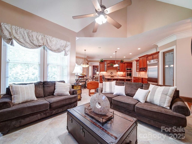 200 Waterby Way, Matthews, NC 28104 - living room with crown molding, ceiling fan, recessed lighting, and lofted ceiling