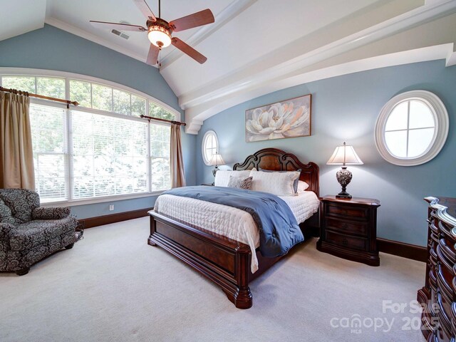 200 Waterby Way, Matthews, NC 28104 - carpeted bedroom featuring vaulted ceiling, baseboards, and a ceiling fan