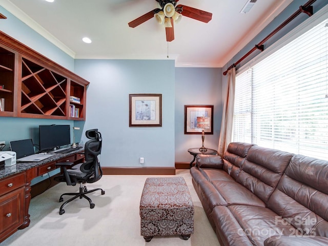 200 Waterby Way, Matthews, NC 28104 - office space with ceiling fan, light colored carpet, ornamental molding, baseboards, and built in desk