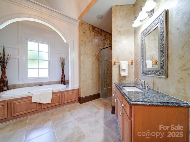 200 Waterby Way, Matthews, NC 28104 - full bathroom with a shower stall, vanity, a bath, and tile patterned flooring