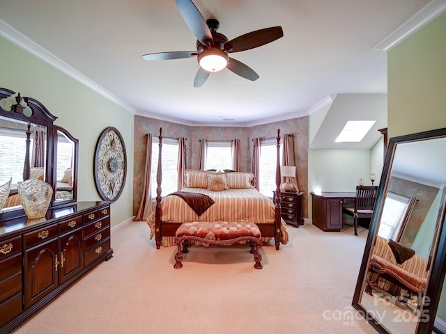 200 Waterby Way, Matthews, NC 28104 - bedroom with light carpet, crown molding, a skylight, a ceiling fan, and baseboards