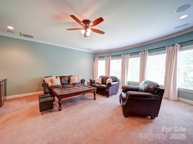 200 Waterby Way, Matthews, NC 28104 - living area with light carpet, ceiling fan, crown molding, baseboards, and recessed lighting