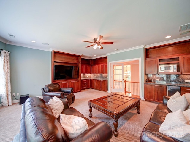 200 Waterby Way, Matthews, NC 28104 - living area featuring light colored carpet, a ceiling fan, recessed lighting, crown molding, and baseboards