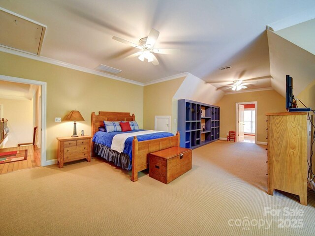 200 Waterby Way, Matthews, NC 28104 - bedroom with carpet flooring, attic access, baseboards, ornamental molding, and lofted ceiling