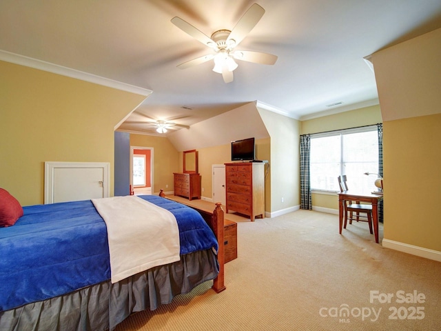 200 Waterby Way, Matthews, NC 28104 - bedroom with ornamental molding, baseboards, multiple windows, light colored carpet, and a ceiling fan