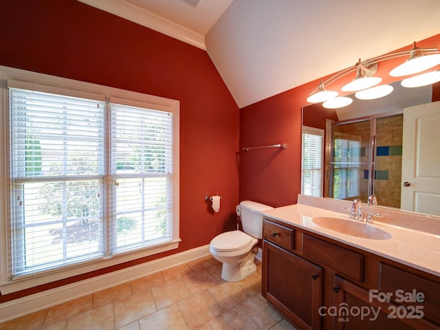 200 Waterby Way, Matthews, NC 28104 - bathroom with healthy amount of natural light, lofted ceiling, tile patterned floors, baseboards, and toilet