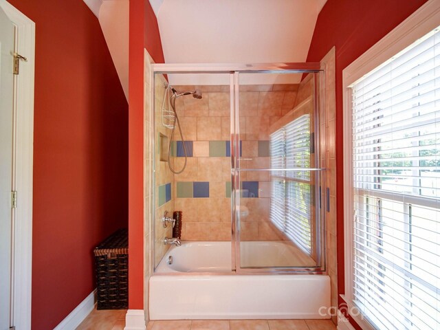 200 Waterby Way, Matthews, NC 28104 - bathroom with enclosed tub / shower combo, tile patterned floors, vaulted ceiling, and baseboards