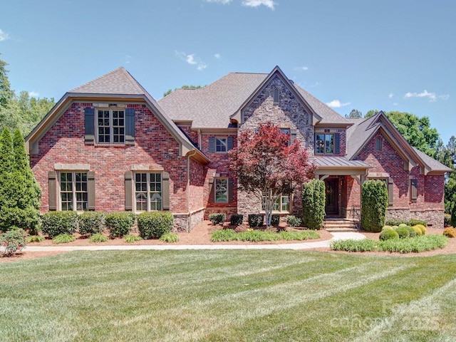 200 Waterby Way, Matthews, NC 28104 - view of front of house featuring a front lawn, brick siding, a standing seam roof, and stone siding