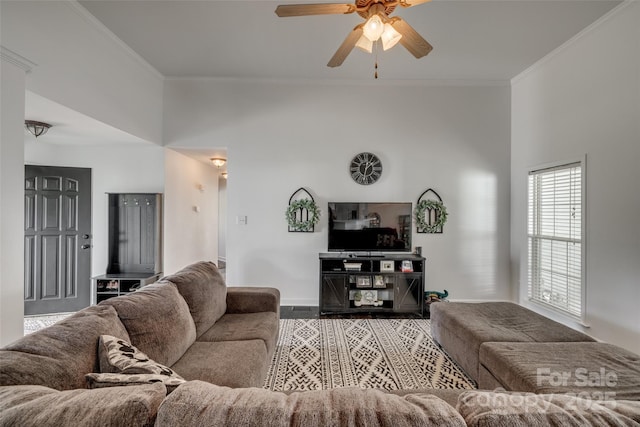 1140 Landsdown Dr, Salisbury, NC 28147 - living room featuring ceiling fan, crown molding, and baseboards