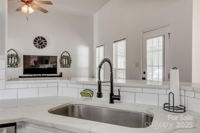1140 Landsdown Dr, Salisbury, NC 28147 - kitchen featuring a sink, ceiling fan, light stone counters, healthy amount of natural light, and ornamental molding
