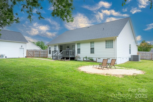 1140 Landsdown Dr, Salisbury, NC 28147 - rear view of house with central AC, a patio area, crawl space, a wooden deck, and a shingled roof