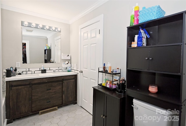 1821 Sherrer Rd, York, SC 29745 - bathroom featuring crown molding, tile patterned flooring, and double vanity
