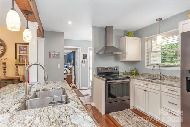 307 Tree Haven Blvd, Hendersonville, NC 28791 - kitchen featuring stainless steel electric stove, wall chimney range hood, a sink, dark wood-type flooring, and recessed lighting