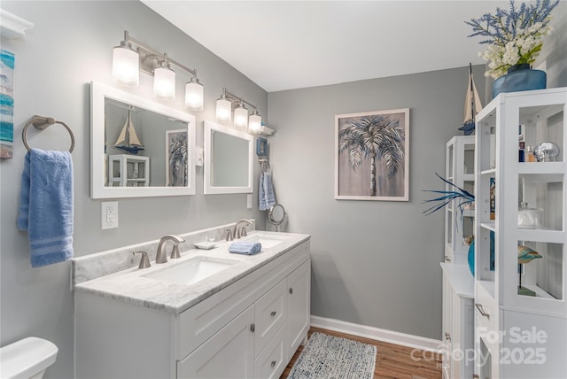307 Tree Haven Blvd, Hendersonville, NC 28791 - bathroom featuring wood finished floors, double vanity, toilet, and baseboards