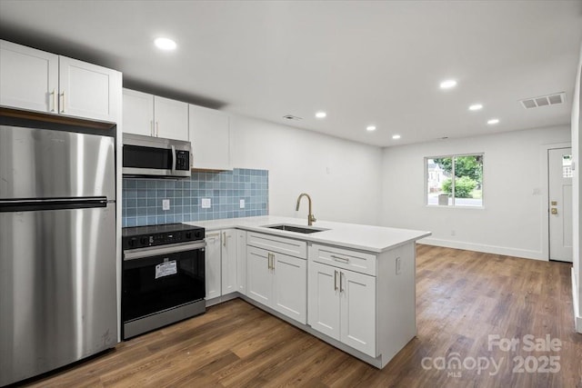 kitchen with appliances with stainless steel finishes, a sink, a peninsula, tasteful backsplash, and white cabinets