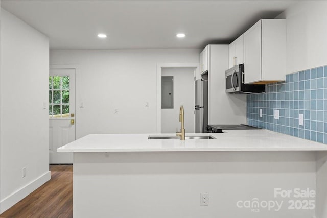 kitchen with a sink, a peninsula, stainless steel appliances, white cabinetry, and backsplash