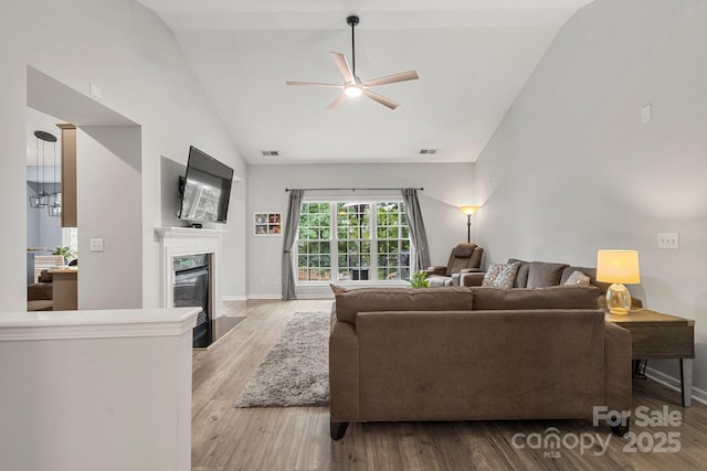 3820 Leela Palace Way, Fort Mill, SC 29708 - living area featuring ceiling fan, high vaulted ceiling, wood finished floors, a fireplace, and baseboards