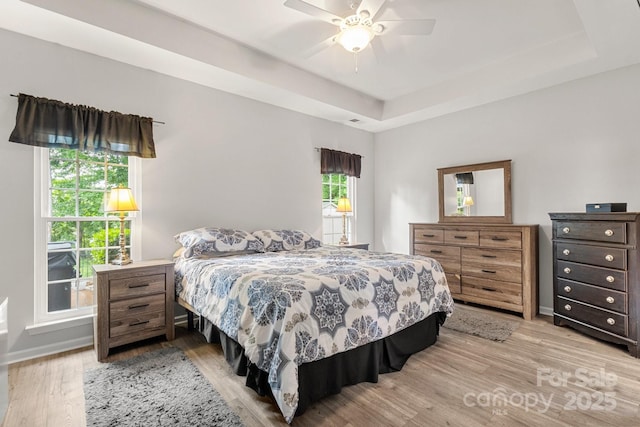 3820 Leela Palace Way, Fort Mill, SC 29708 - bedroom featuring light wood-style floors, a raised ceiling, baseboards, and ceiling fan