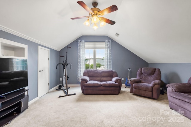 3820 Leela Palace Way, Fort Mill, SC 29708 - carpeted living area featuring vaulted ceiling, ceiling fan, and baseboards